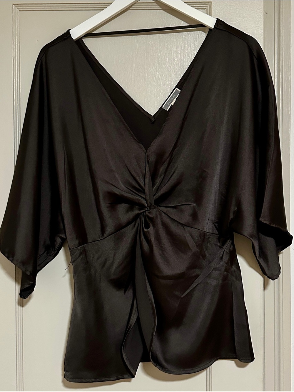 Pleione Black Satin Knot-Front V-Neck Blouse